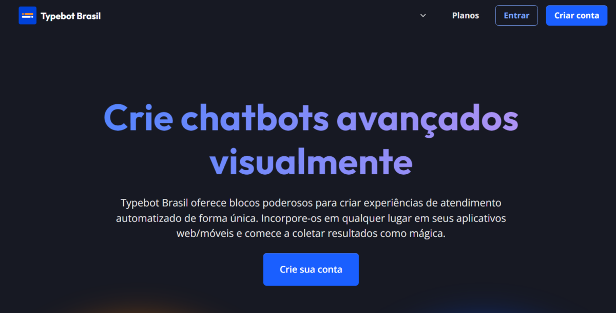 Logotipo do Typebot Brasil e captura de tela da página inicial, destacando o botão "Criar Conta Grátis Agora".